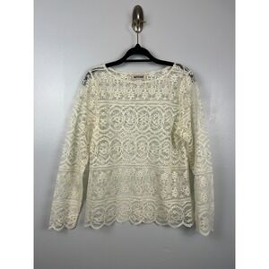 Vintage NOTCHES Ivory Sheer Lace Top‎ Medium Long Sleeve Boho Festival Layering